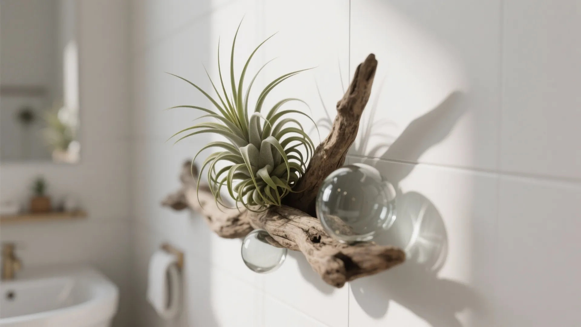 Small air plant mounted on a piece of wood with glass spheres on white bathroom wall