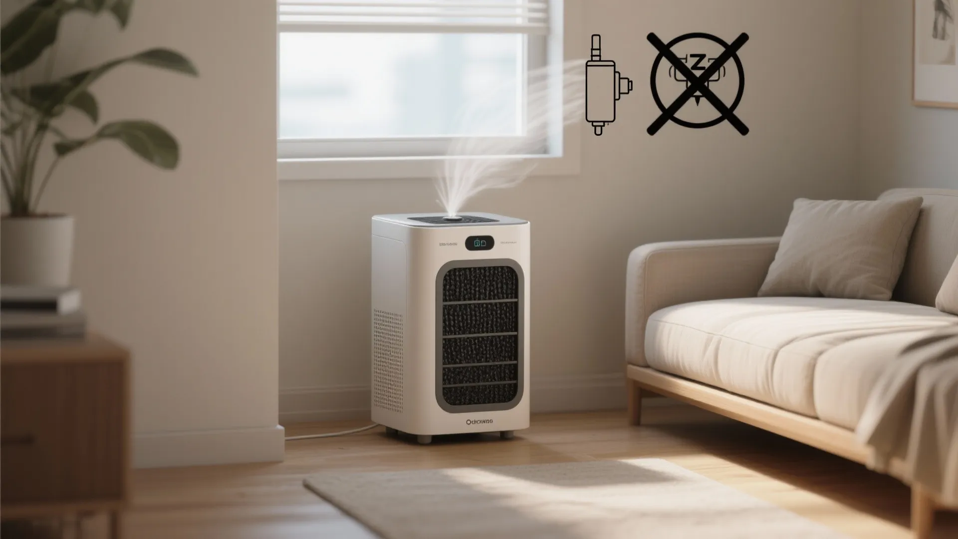 HEPA air purifier with activated carbon filter running near an open window in a small living room.