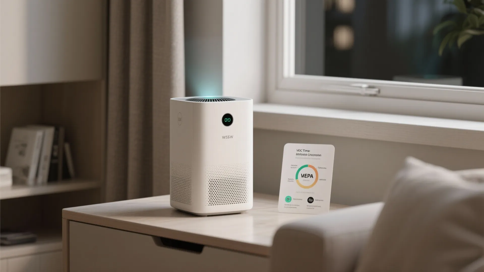 Modern white air purifier on a wooden table next to a window in a room