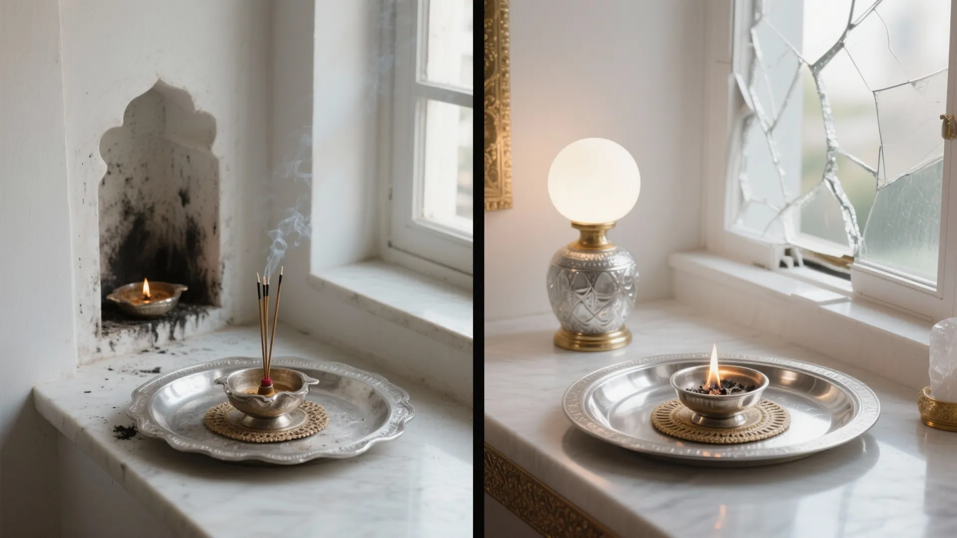 Before and after comparison of incense sticks burning on a marble shelf near a white window