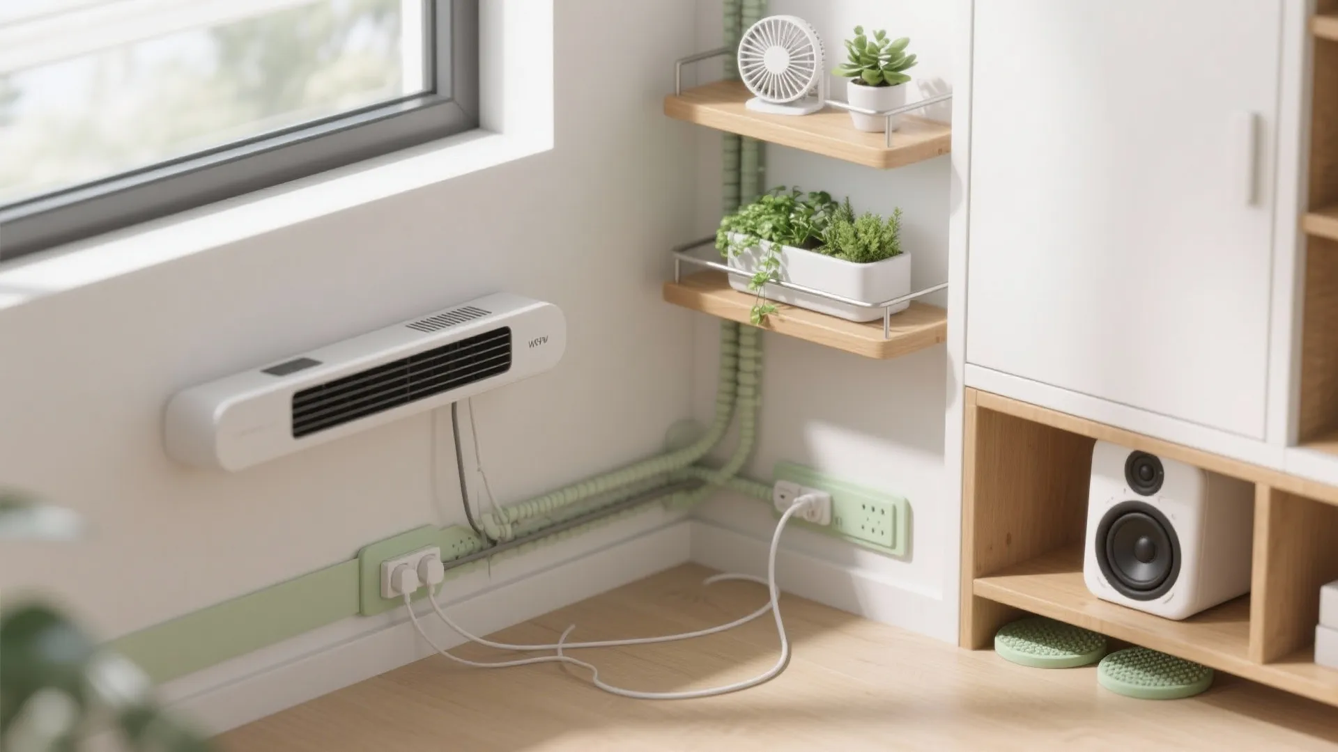 Macro of slim fan, plant shelf, and cable raceway improving airflow and sightlines.