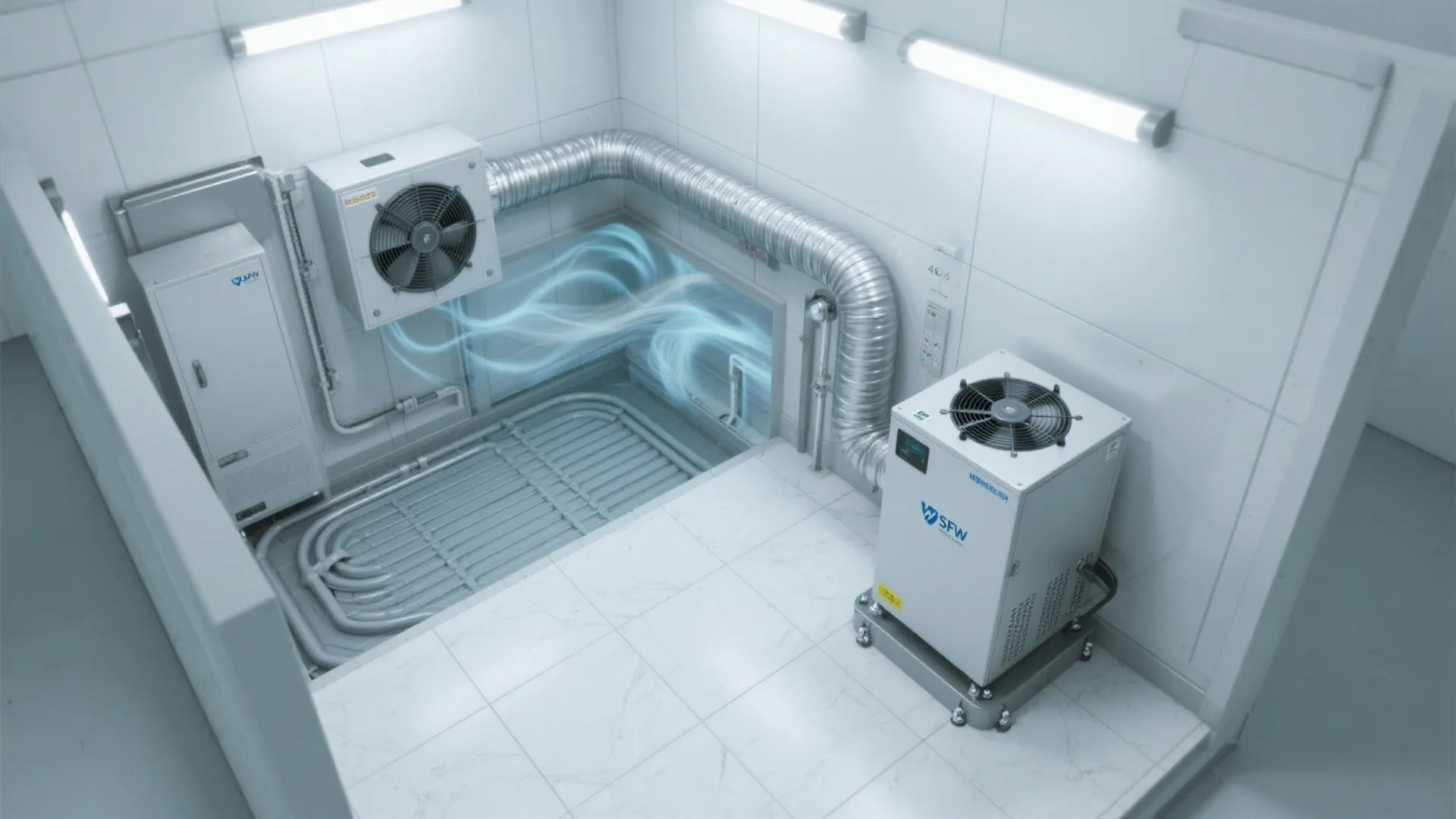 Top-down view of a clean utility room with air units metal pipes and floor cooling