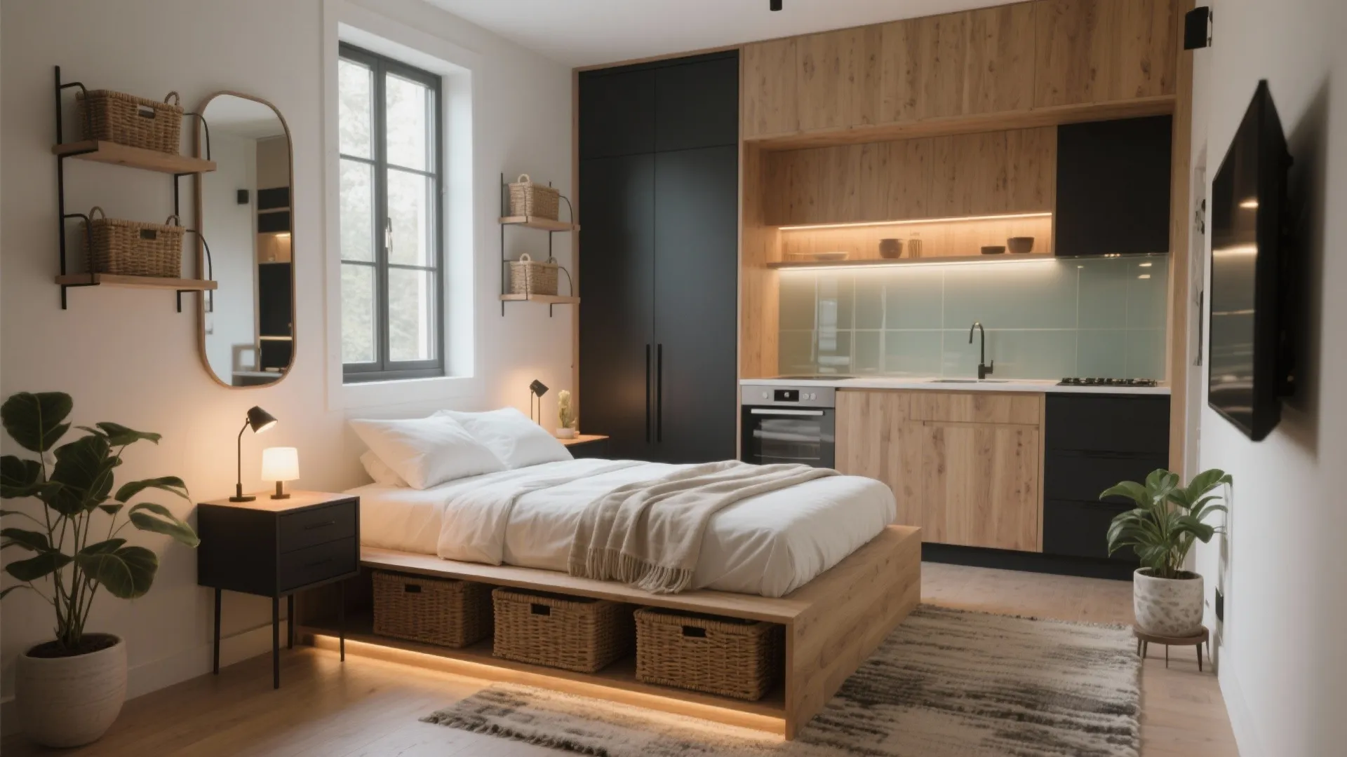 Studio apartment interior with white bed, wooden storage baskets, small kitchen, and black wardrobe storage
