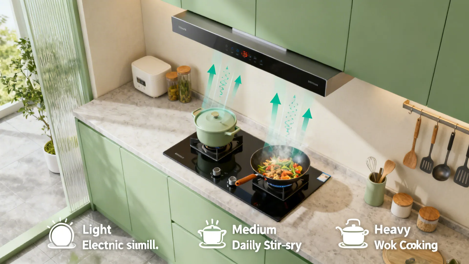 Top view infographic showing air flow levels into kitchen hood from stove for cooking tasks