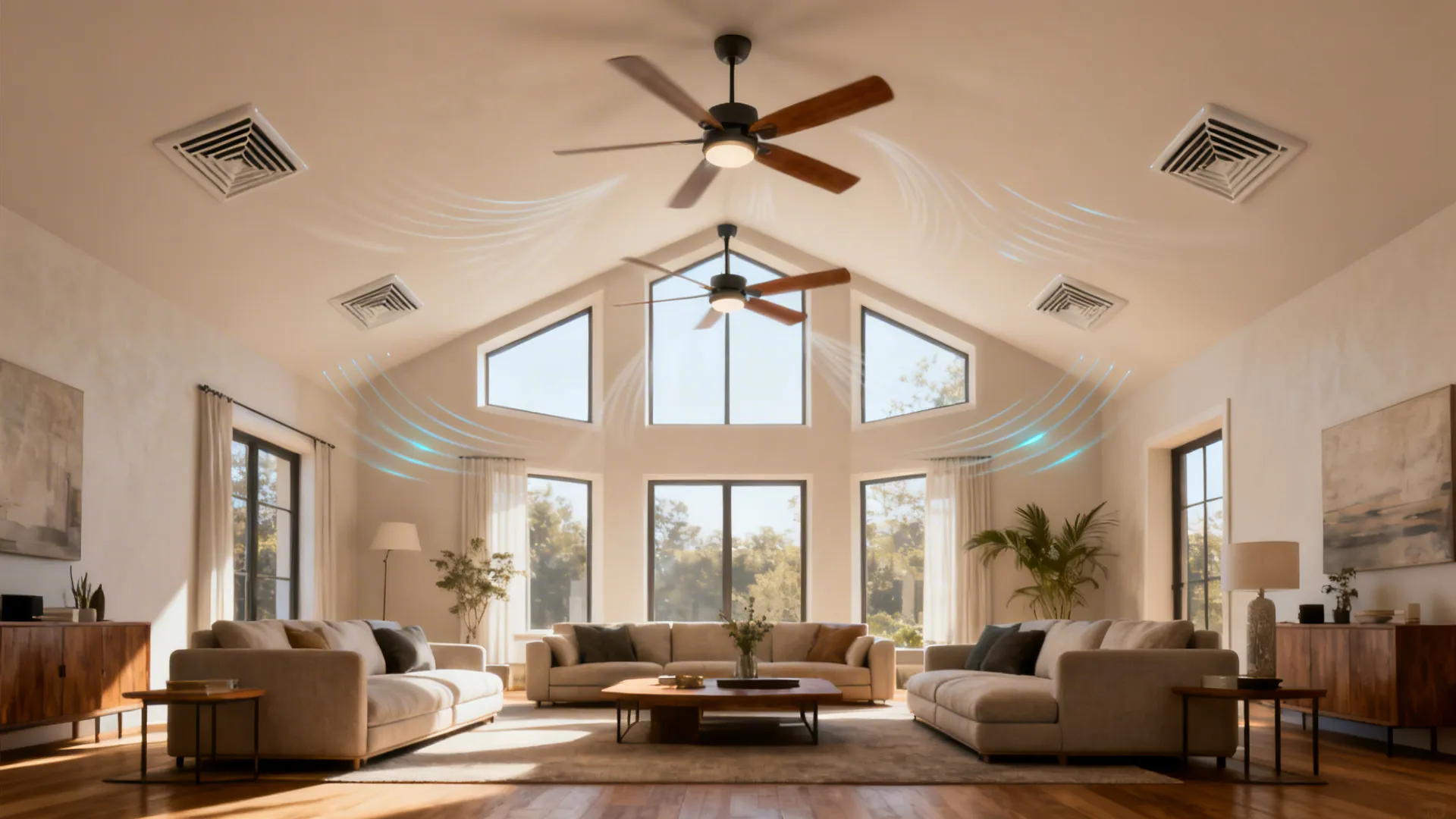 Tall living room illustrating coordinated airflow with ceiling and circulation fans to complement AC cooling