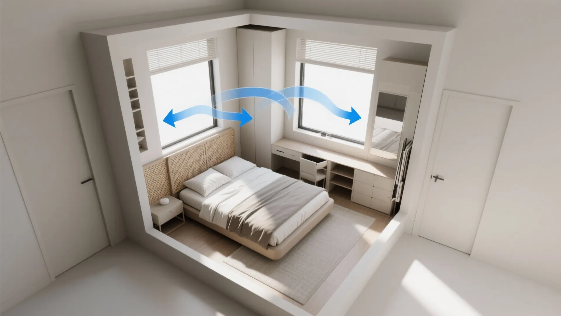 Modern bedroom interior design drawing showing air flow arrows between two windows and a bed