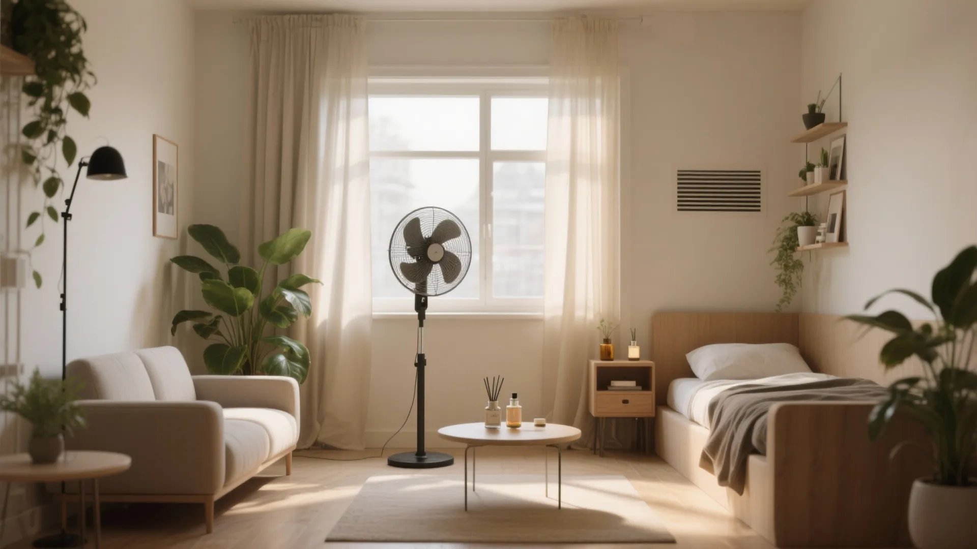 Bright studio room with sofa bed black floor fan window curtains and green potted plants