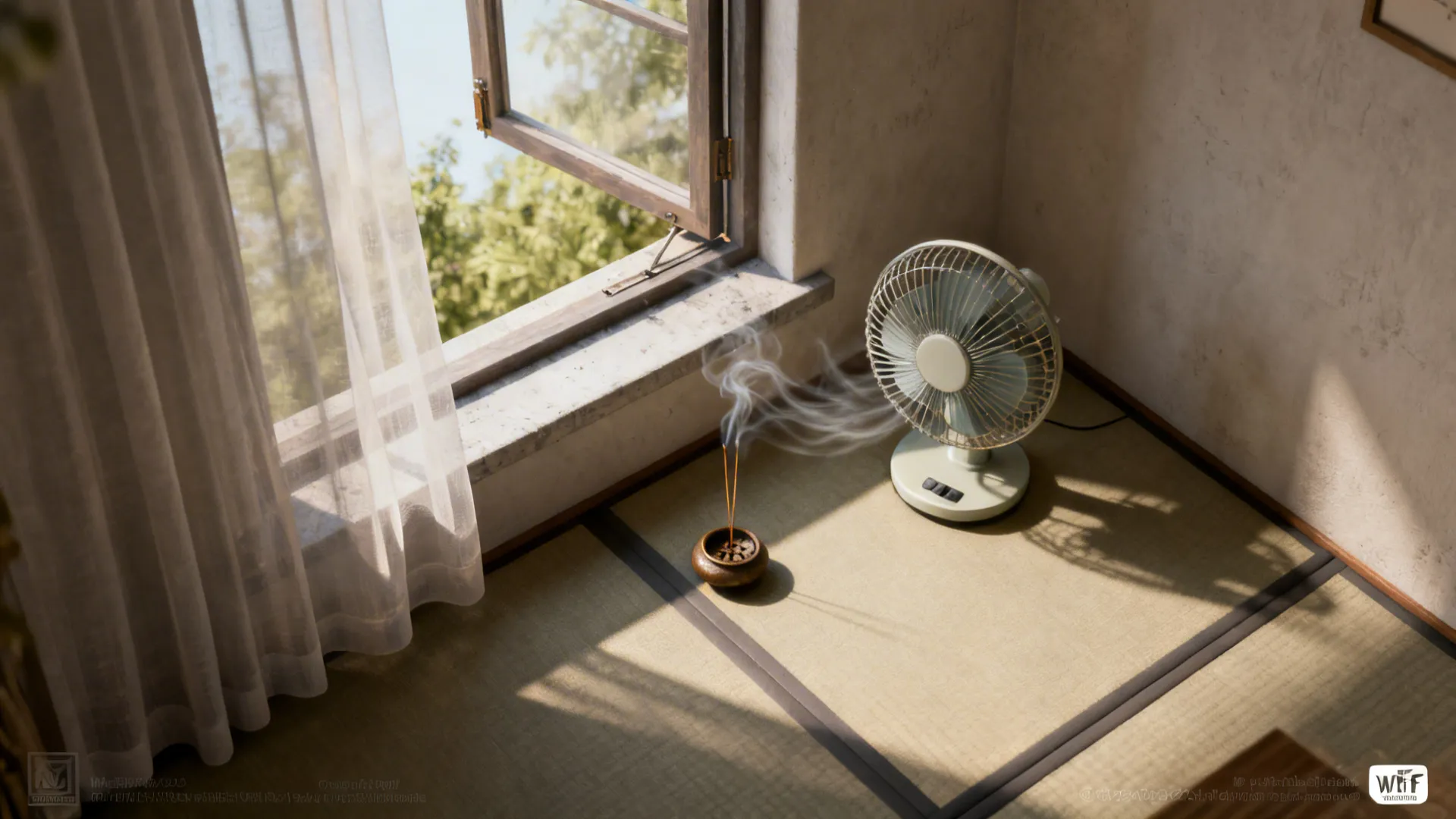 Top-down view of a small room showing open window, low fan, and incense placement to guide airflow.