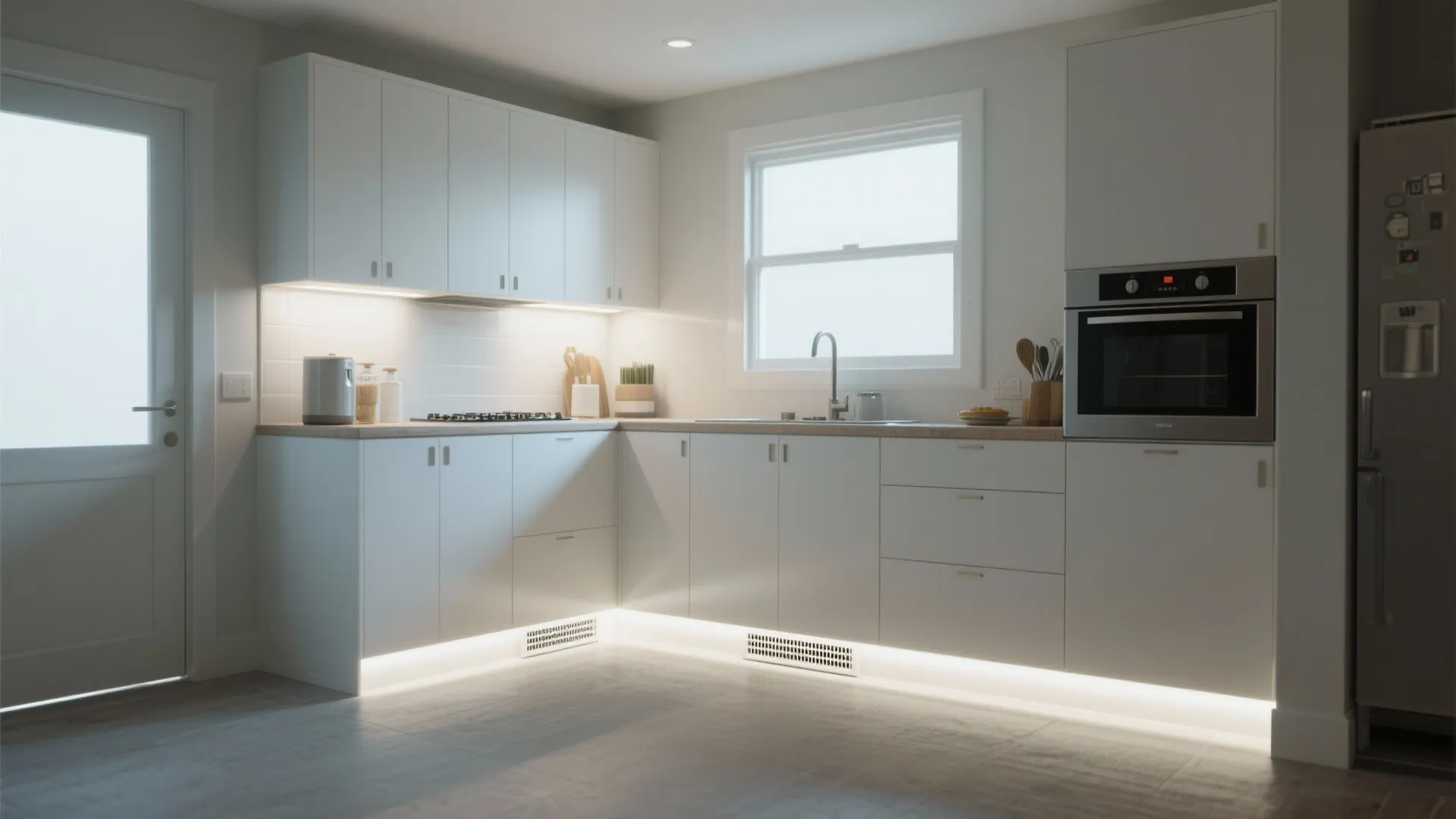 Modern white kitchen with bright cabinet lights white tiles oven sink window and grey floor