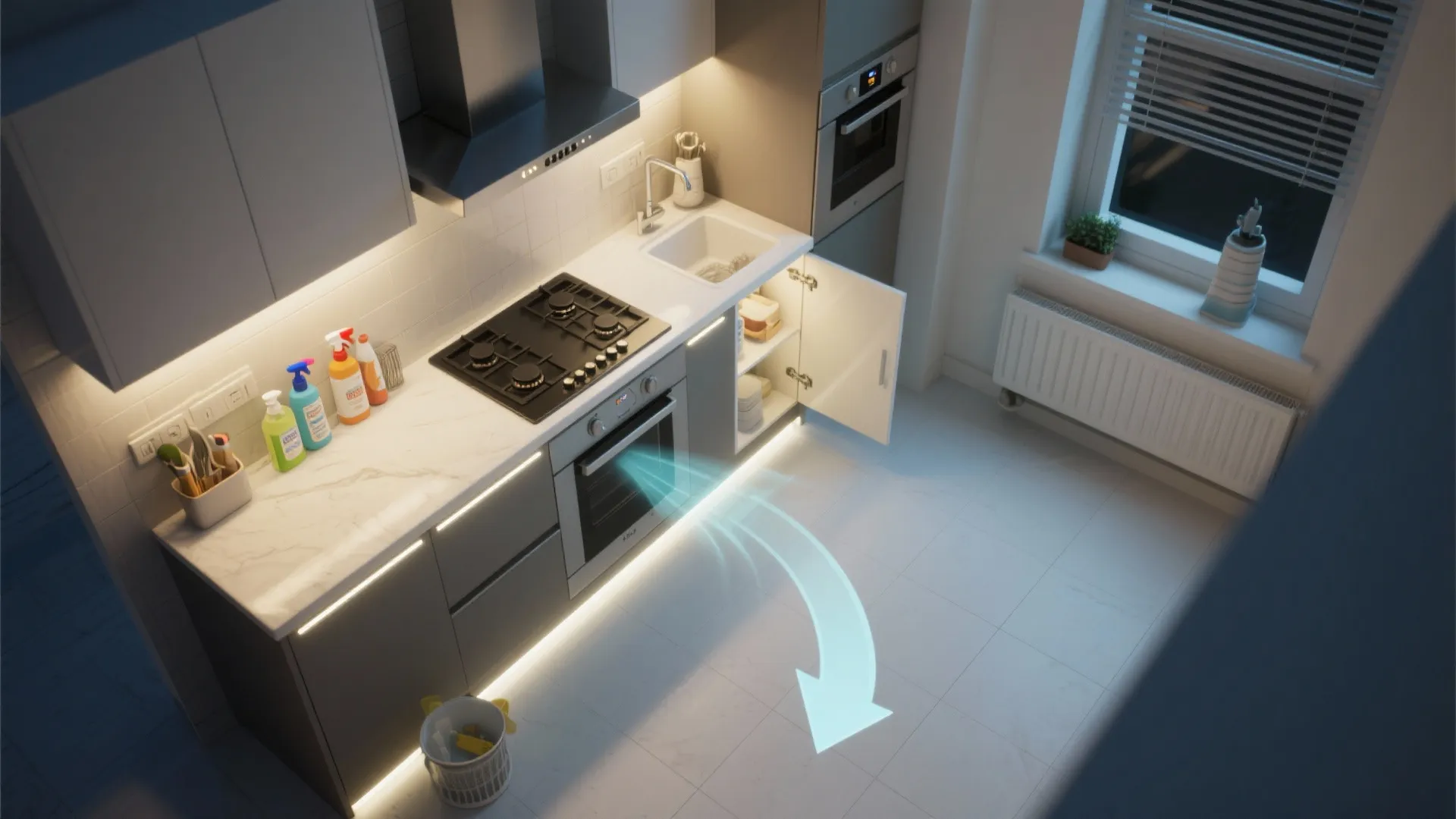 Modern grey kitchen with marble countertop stove oven and blue arrow showing airflow under cabinets