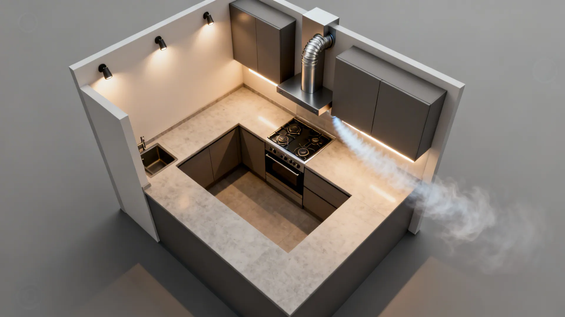 Interior design drawing of a modern kitchen with gray cabinets and smoke entering the vent