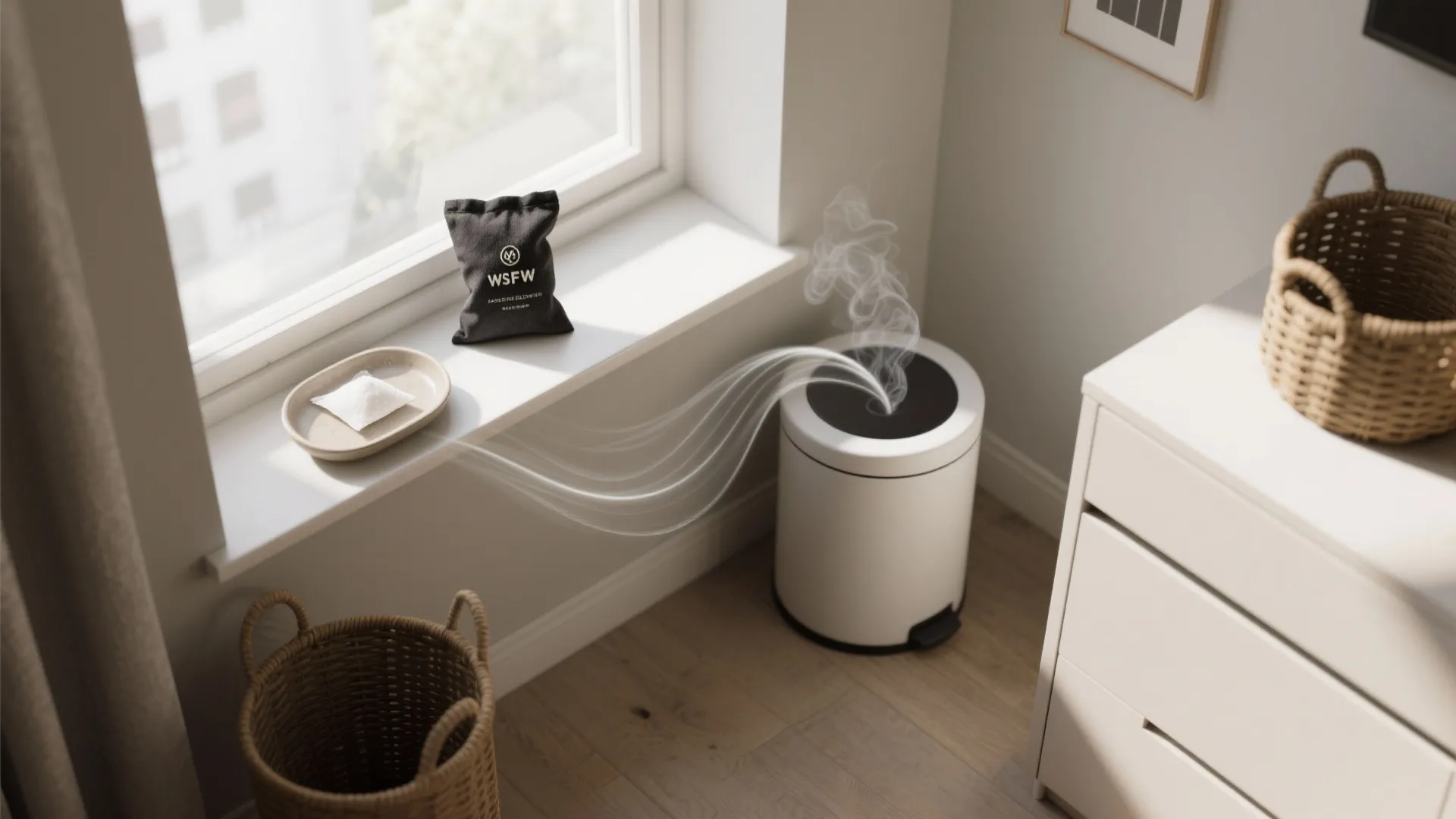 White trash can with smoke effect near a window and black scent bag on sill