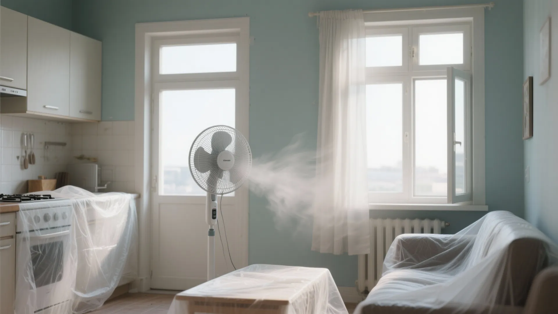 White electric fan blowing air in a room with furniture covered in plastic for painting
