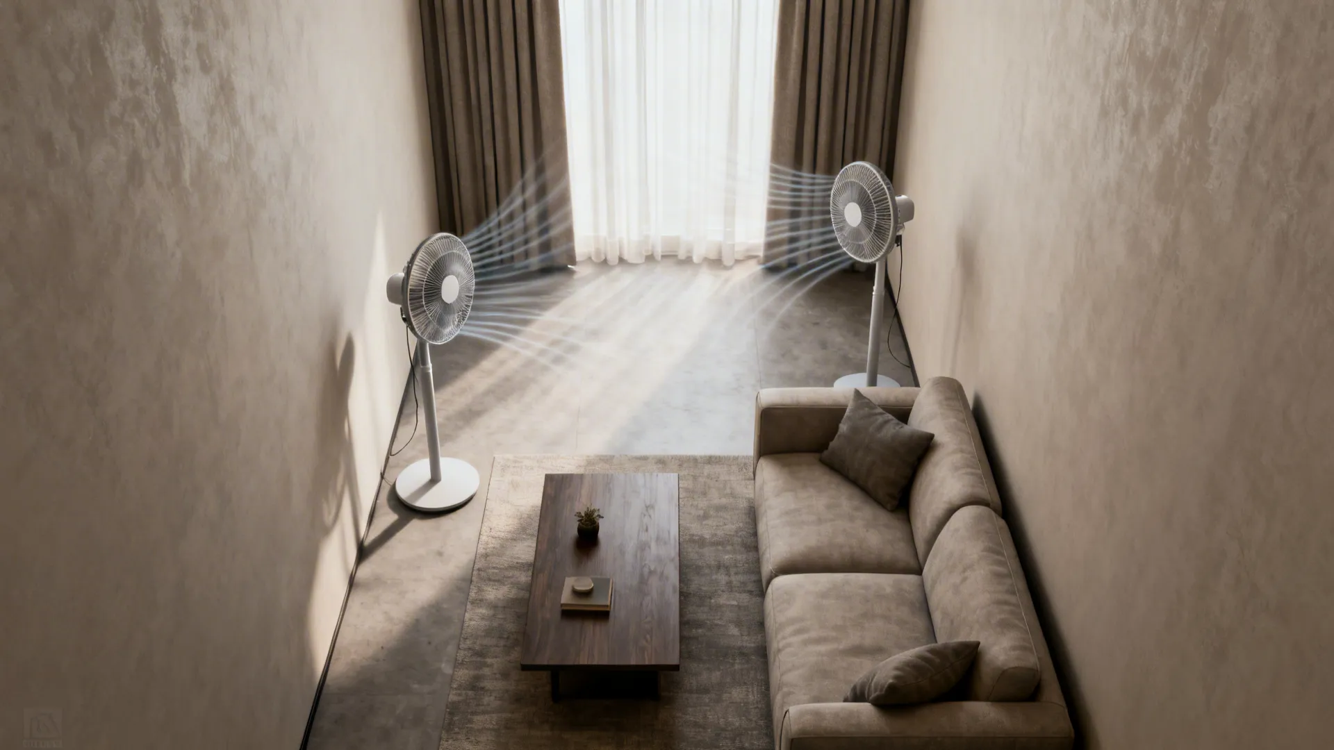 Top-down view showing airflow patterns created by two ceiling fans in a narrow living room.