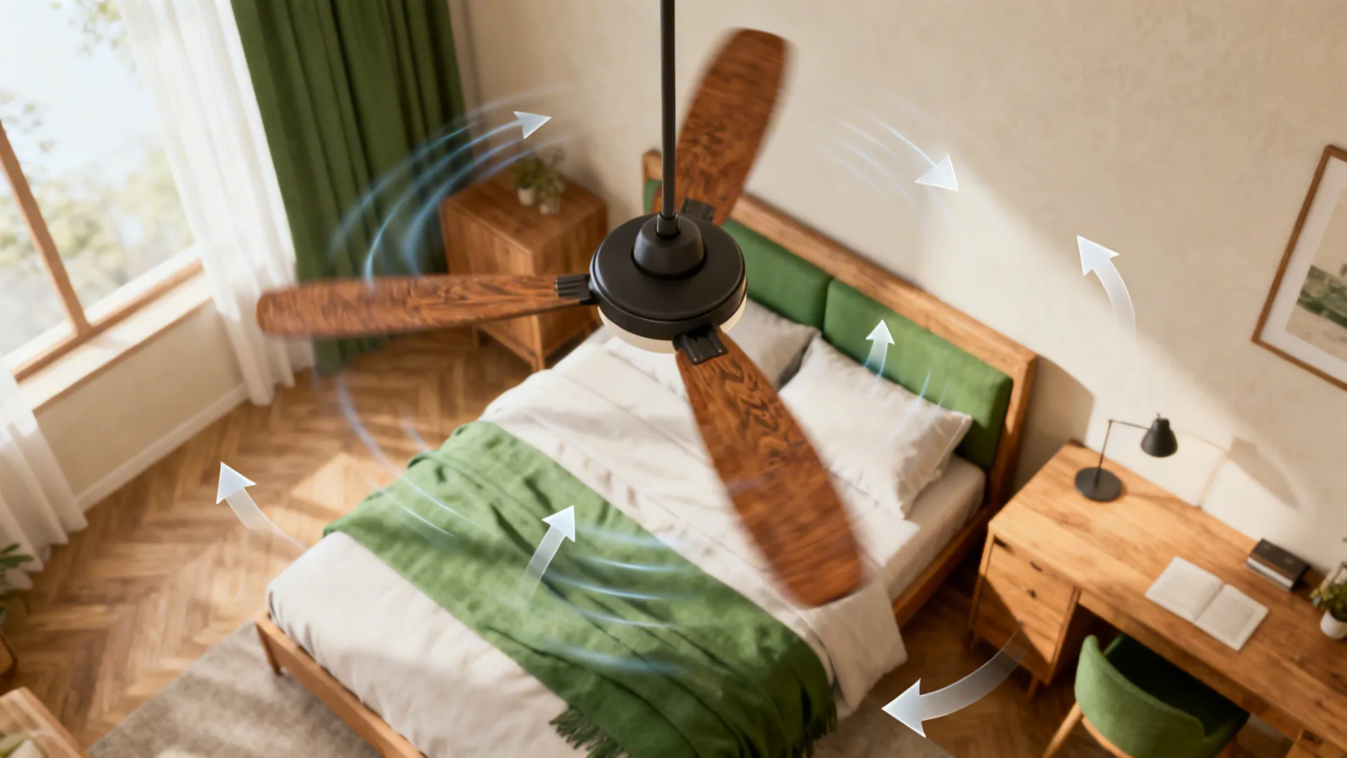 Ceiling fan and furniture arrangement showing airflow paths to improve cooling in a small room.