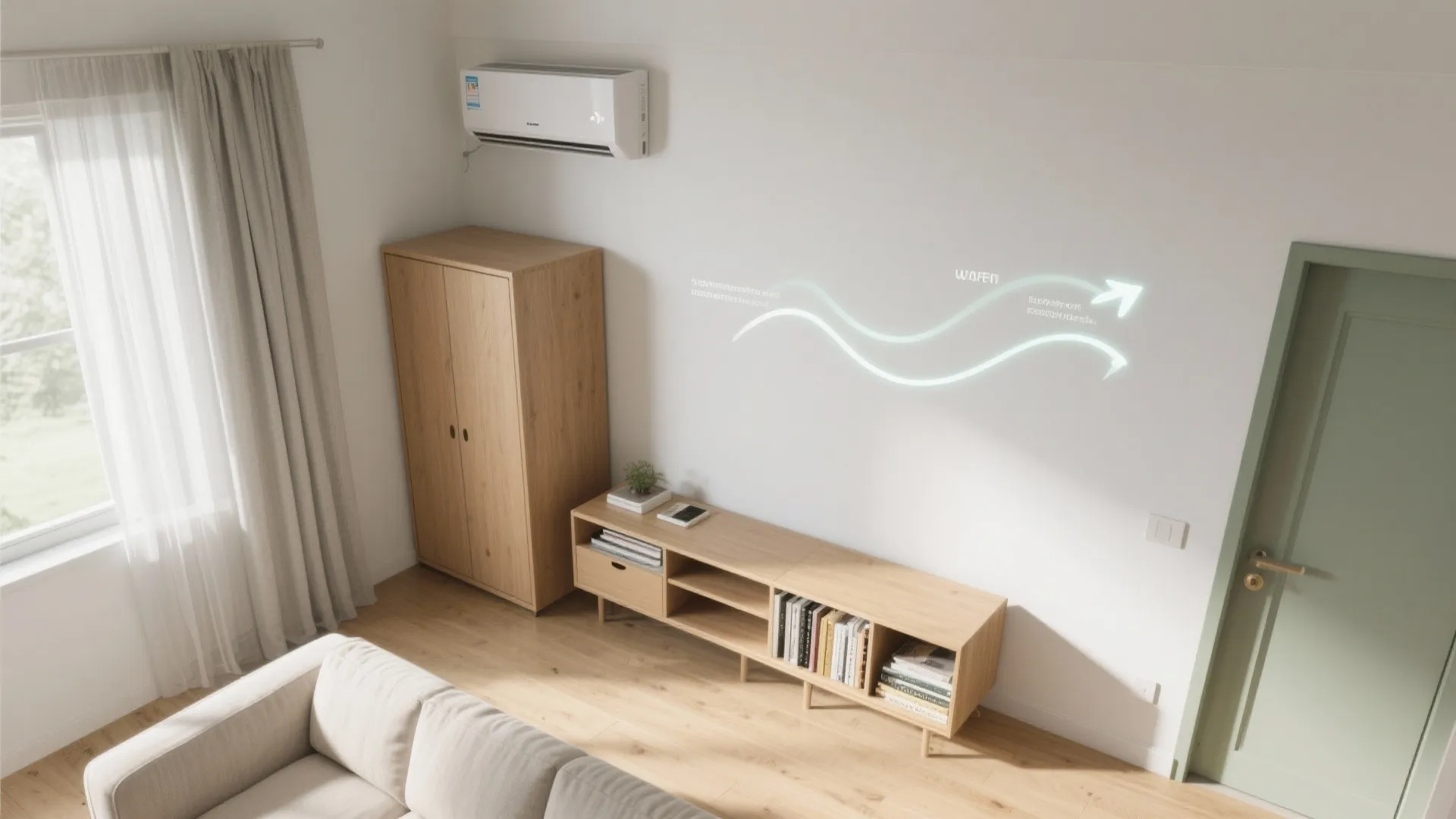 Top-down small living room layout showing airflow path from mini split with clear space and open door.