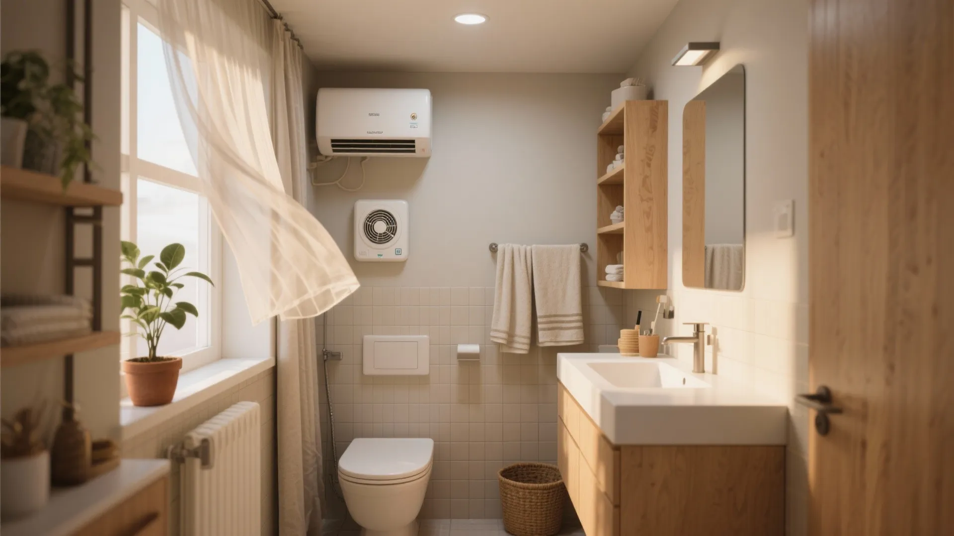 Small modern bathroom with white toilet wooden vanity wall cabinet exhaust fan and window with curtain