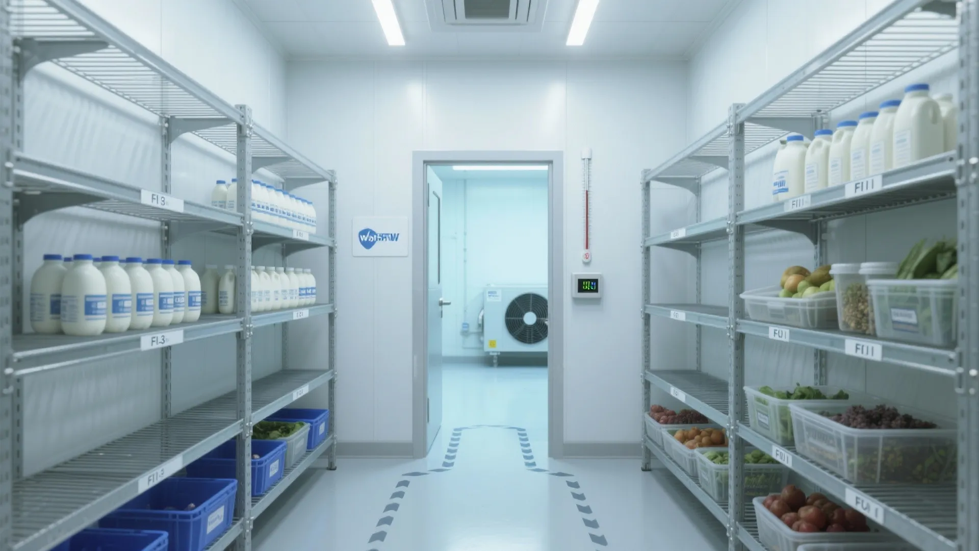 Storage room interior design featuring metal shelves with milk bottles fruit and a temperature display