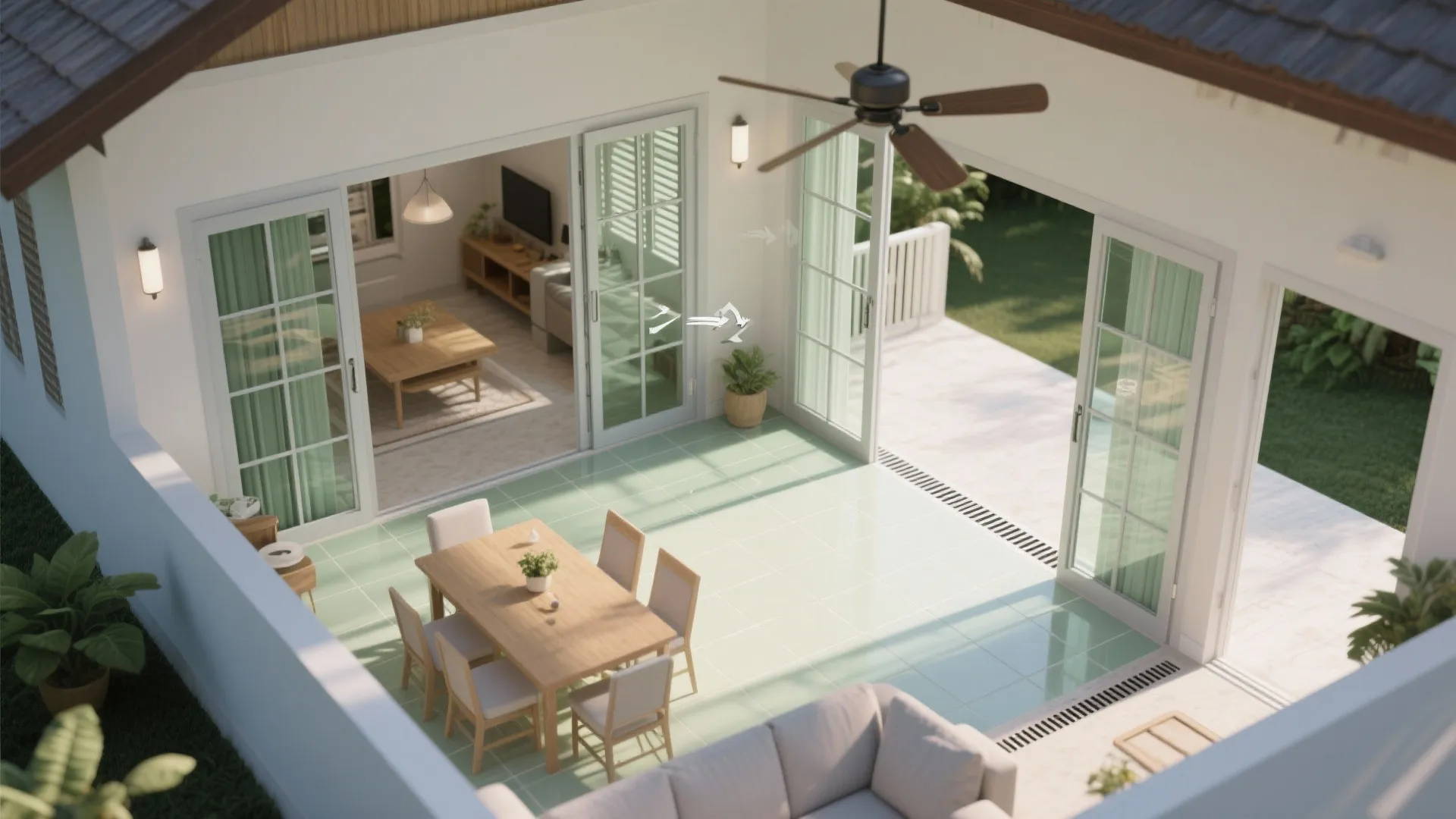 Modern patio with wood dining table chairs ceiling fan and large glass doors to living room