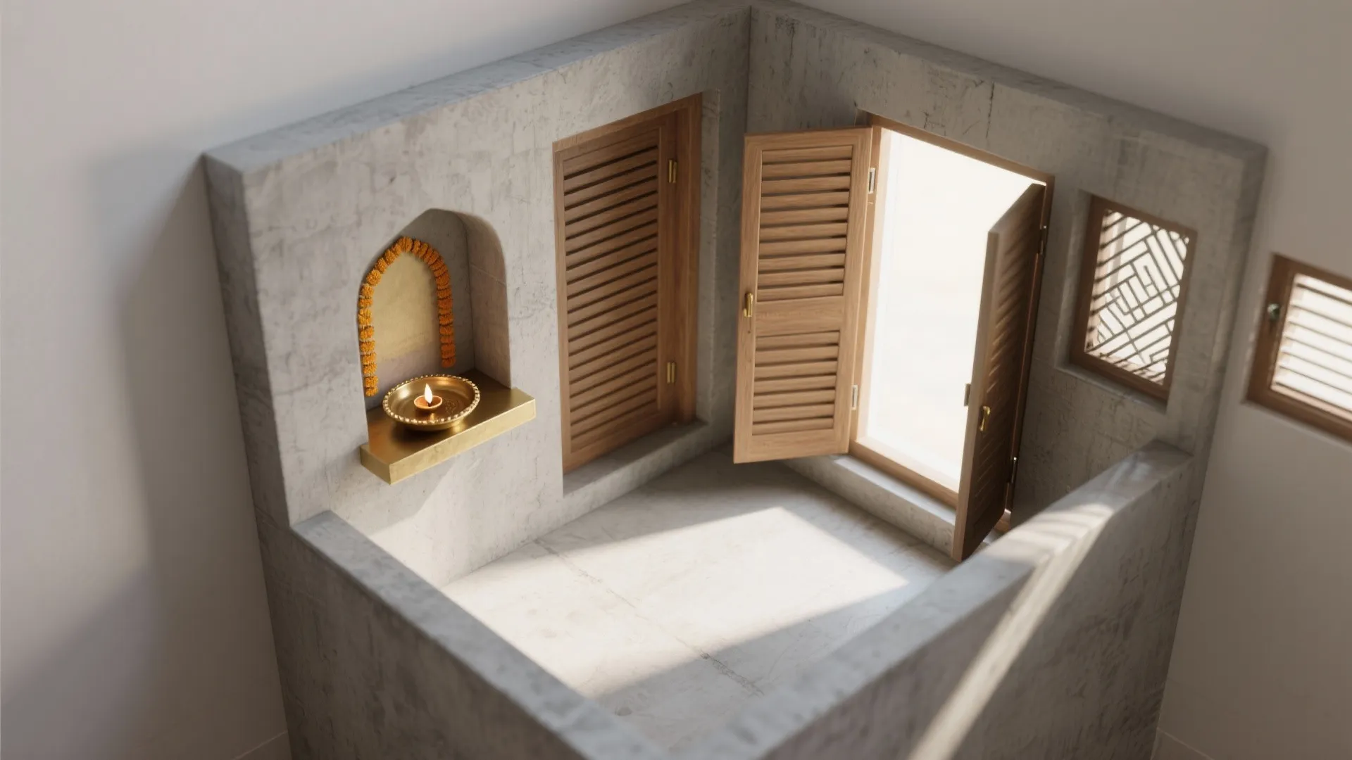 Outdoor-Inspired Cement Alcove Behind Slatted Doors