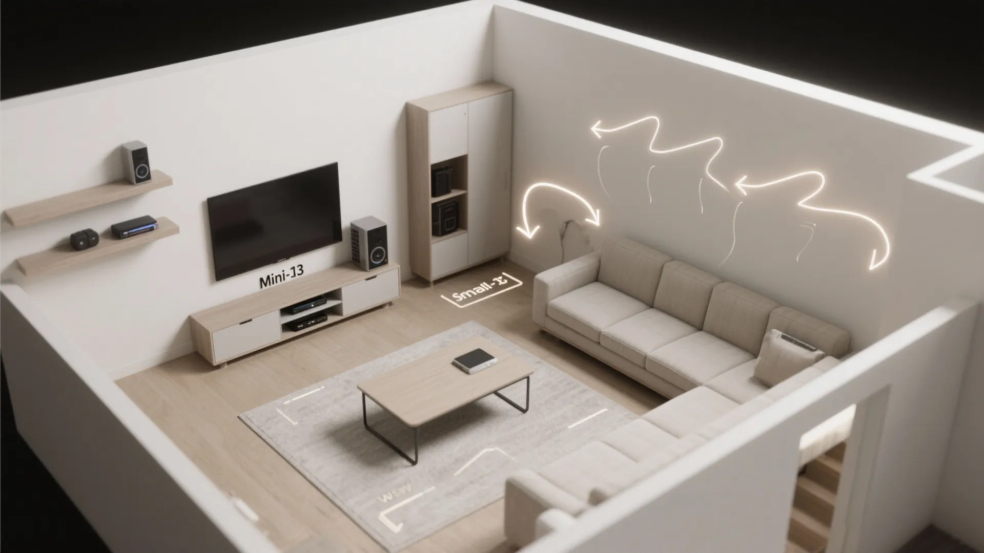 Interior design drawing of a living room layout with sofa rug coffee table and television