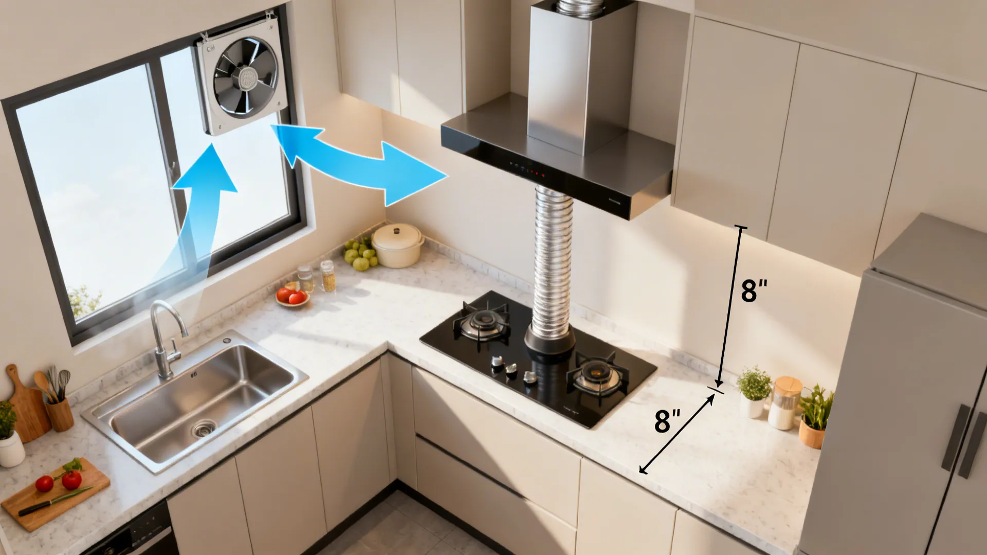 Top-down visualization of airflow from a window to an exhaust fan and chimney in a small kitchen.