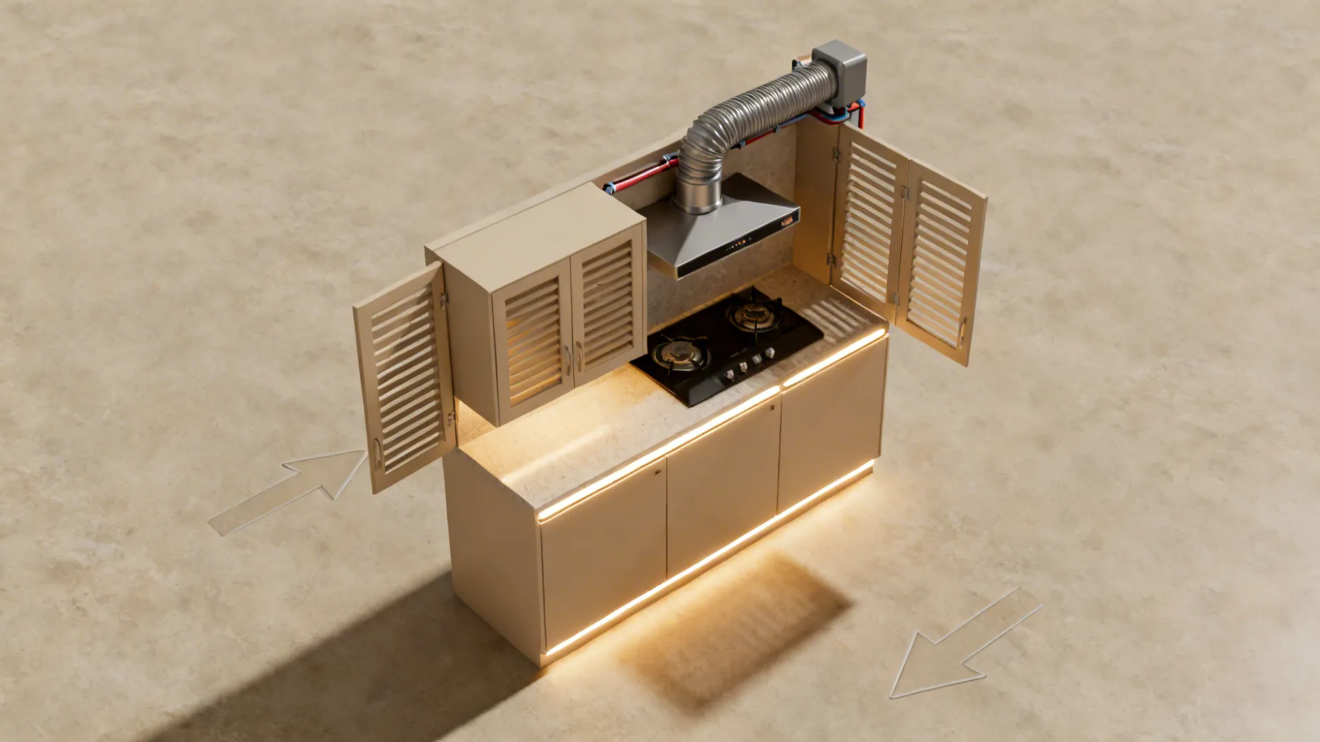 Top-down view showing exhaust placement, louvered airflow, and LED strip positions in a tight utility layout.
