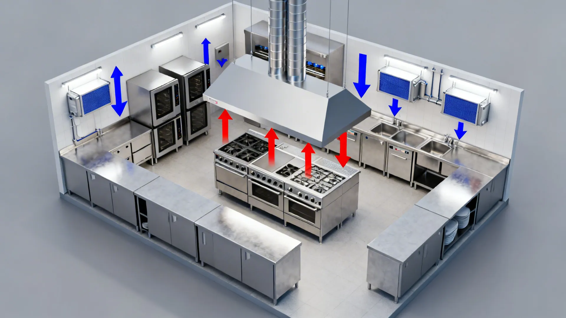 Top-down view showing canopy capture zones and balanced make-up air in a small kitchen.