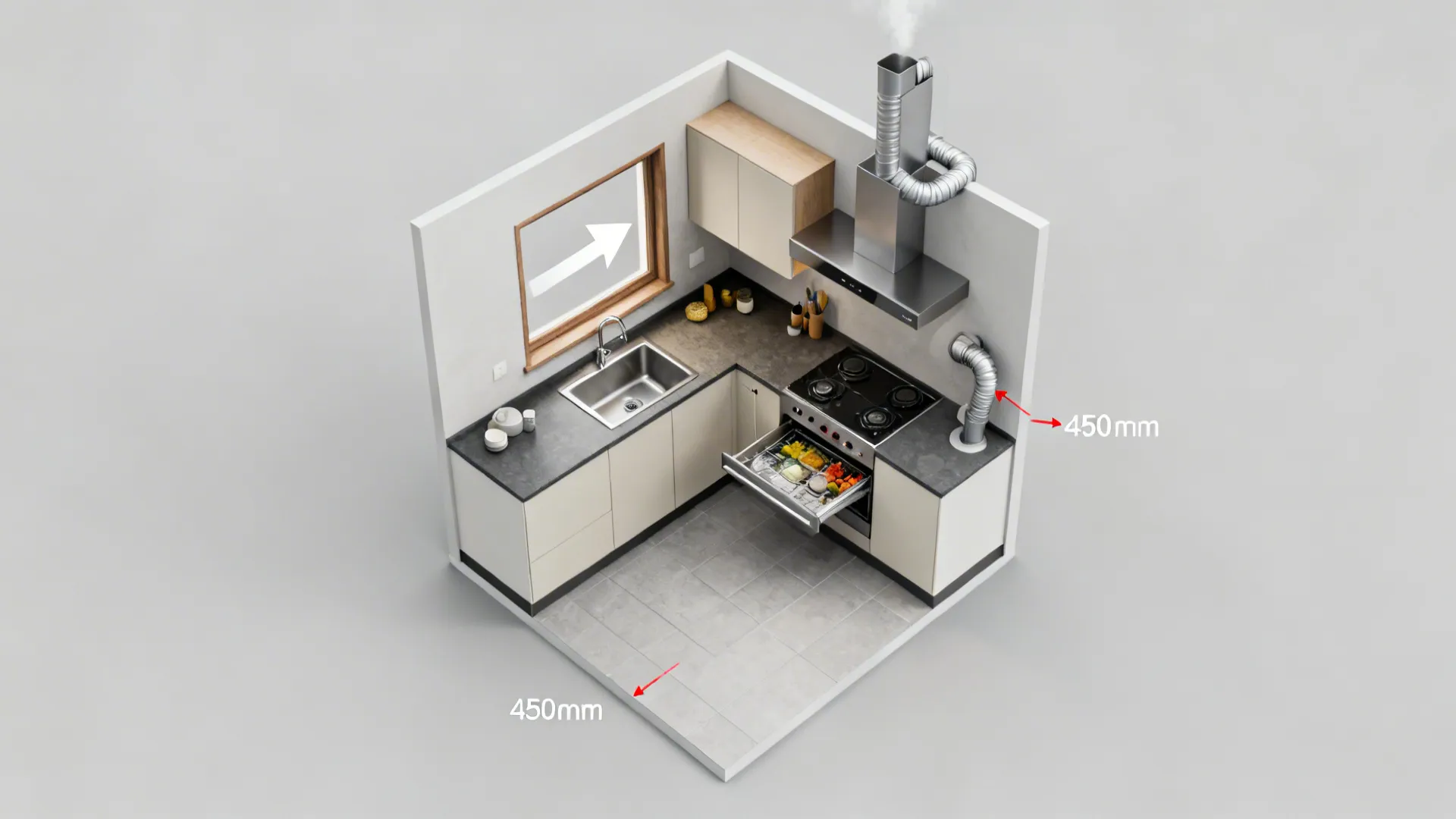Interior design drawing of small kitchen with sink stove oven and vent pipe measurement labels