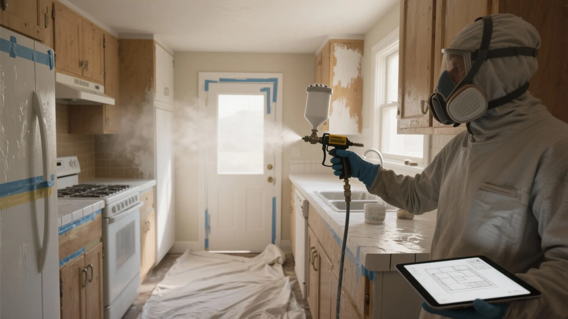 Person in safety suit using paint sprayer on kitchen cabinets while holding tablet floor plan design