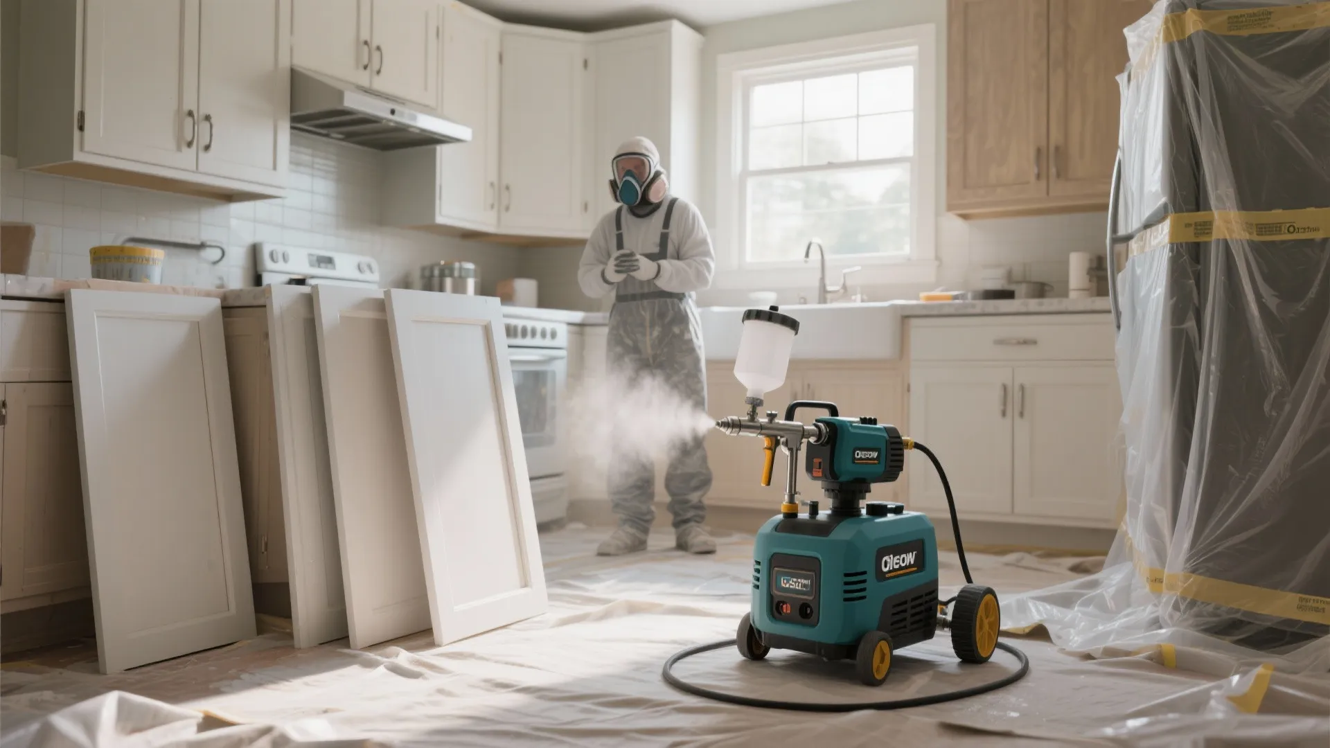 Professional painter in mask using a spray machine on white kitchen cabinet doors at home