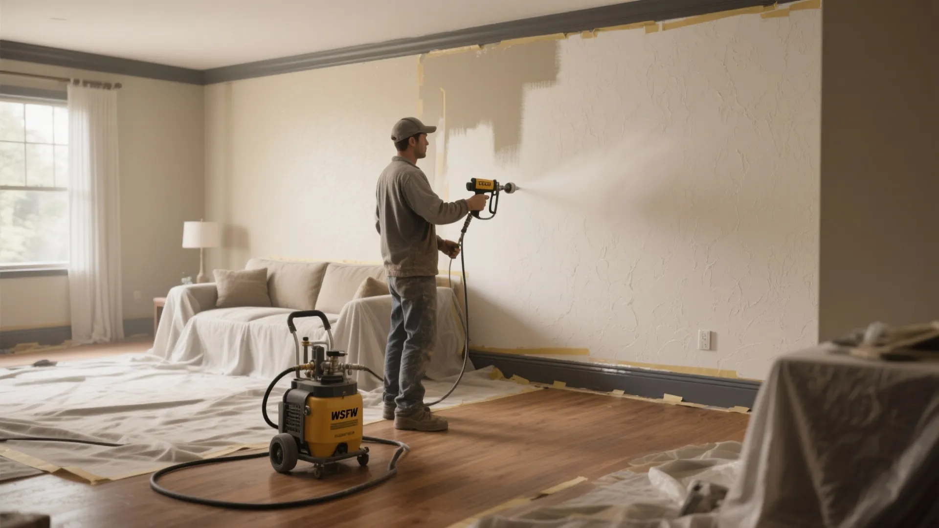 Professional painter using yellow sprayer on living room wall with covered sofa and wood floor