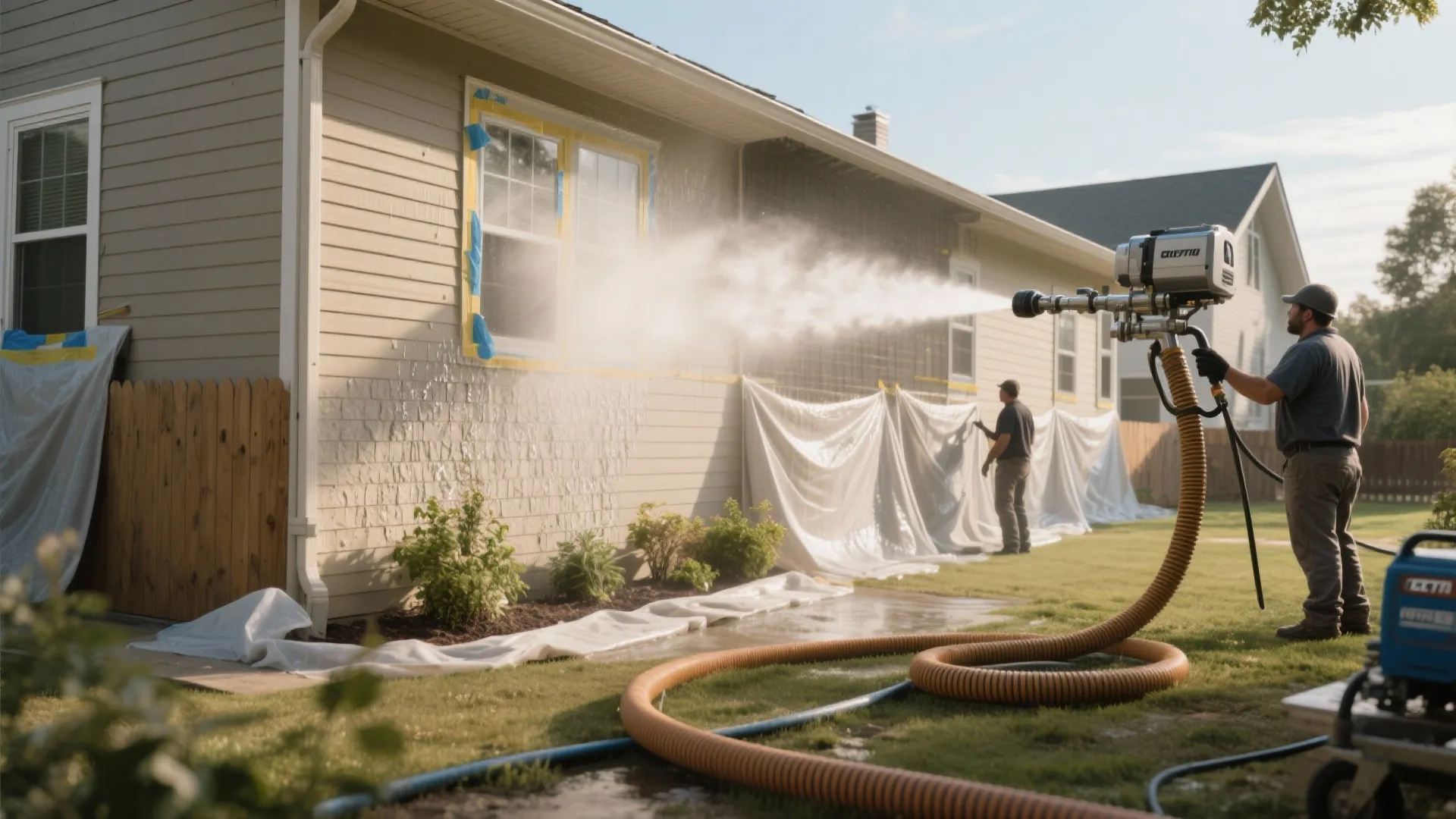 Man using large professional spray machine to apply paint on house exterior siding with hose