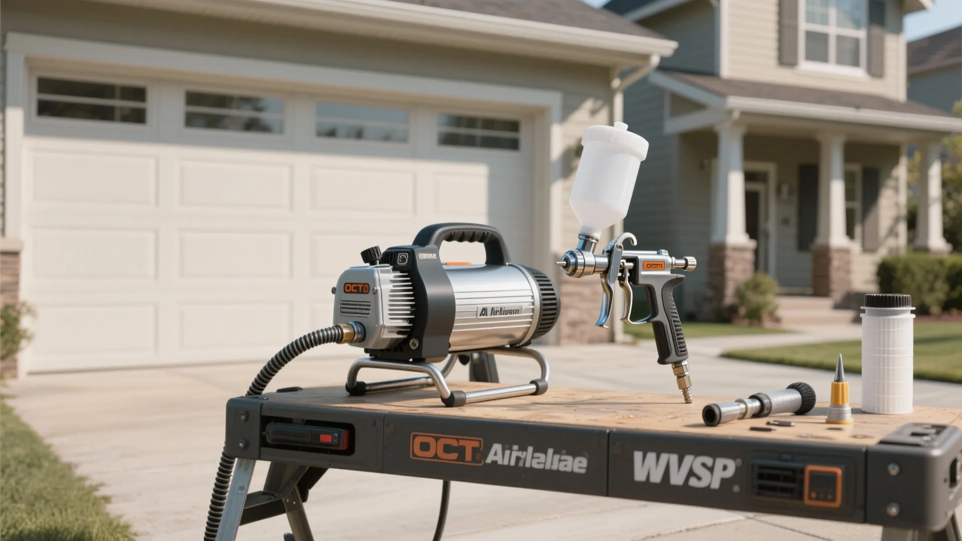Portable paint sprayer and spray gun placed on a work table in front of garage
