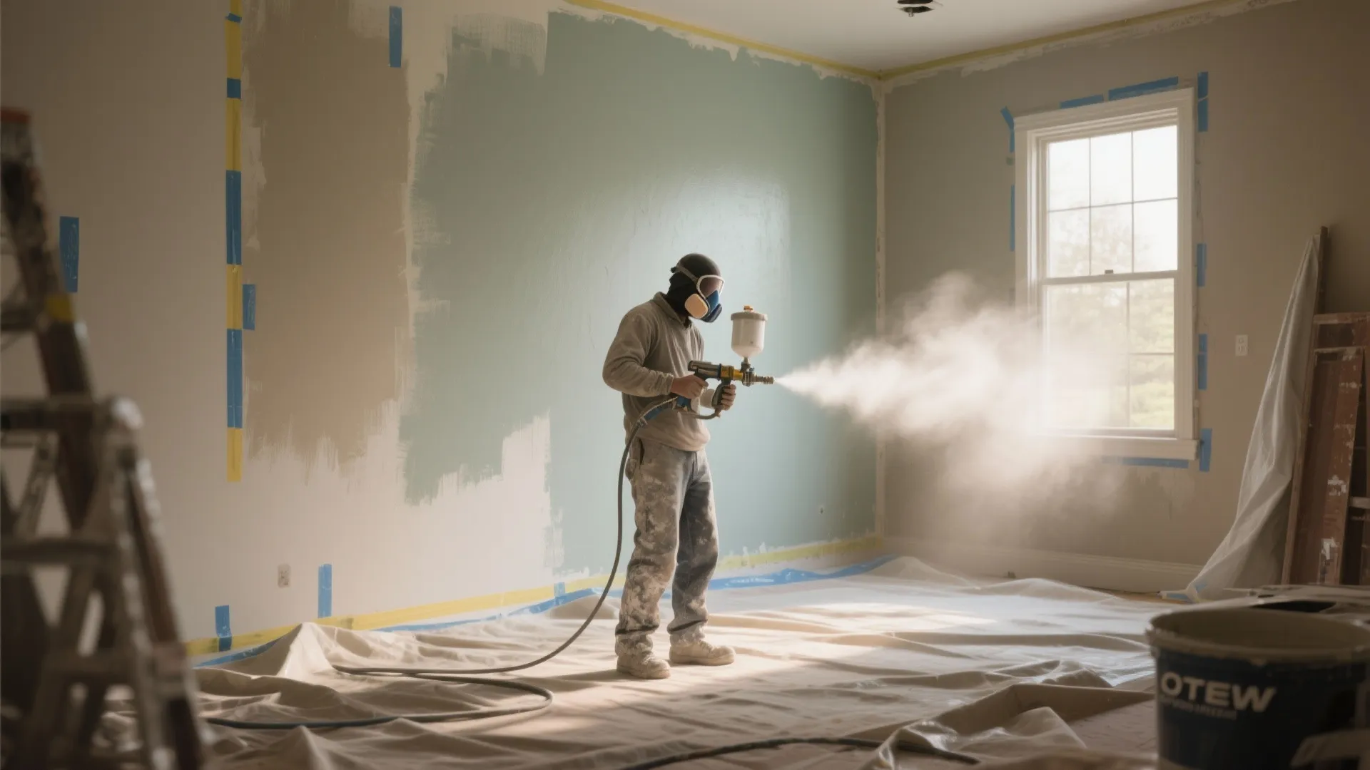 Painter using an airless sprayer to rapidly coat an interior wall with masking and drop cloths in place.