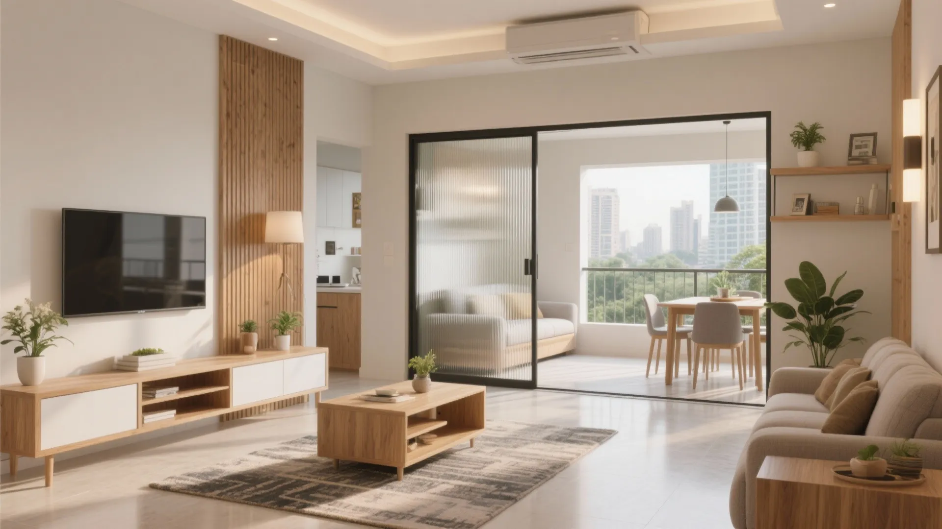 Bright living room with wall mounted television wooden table grey sofa and balcony dining set
