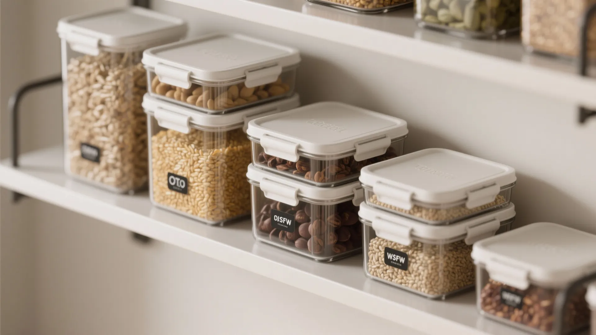 Clear plastic food storage boxes with white lids organized on a white shelf for kitchen