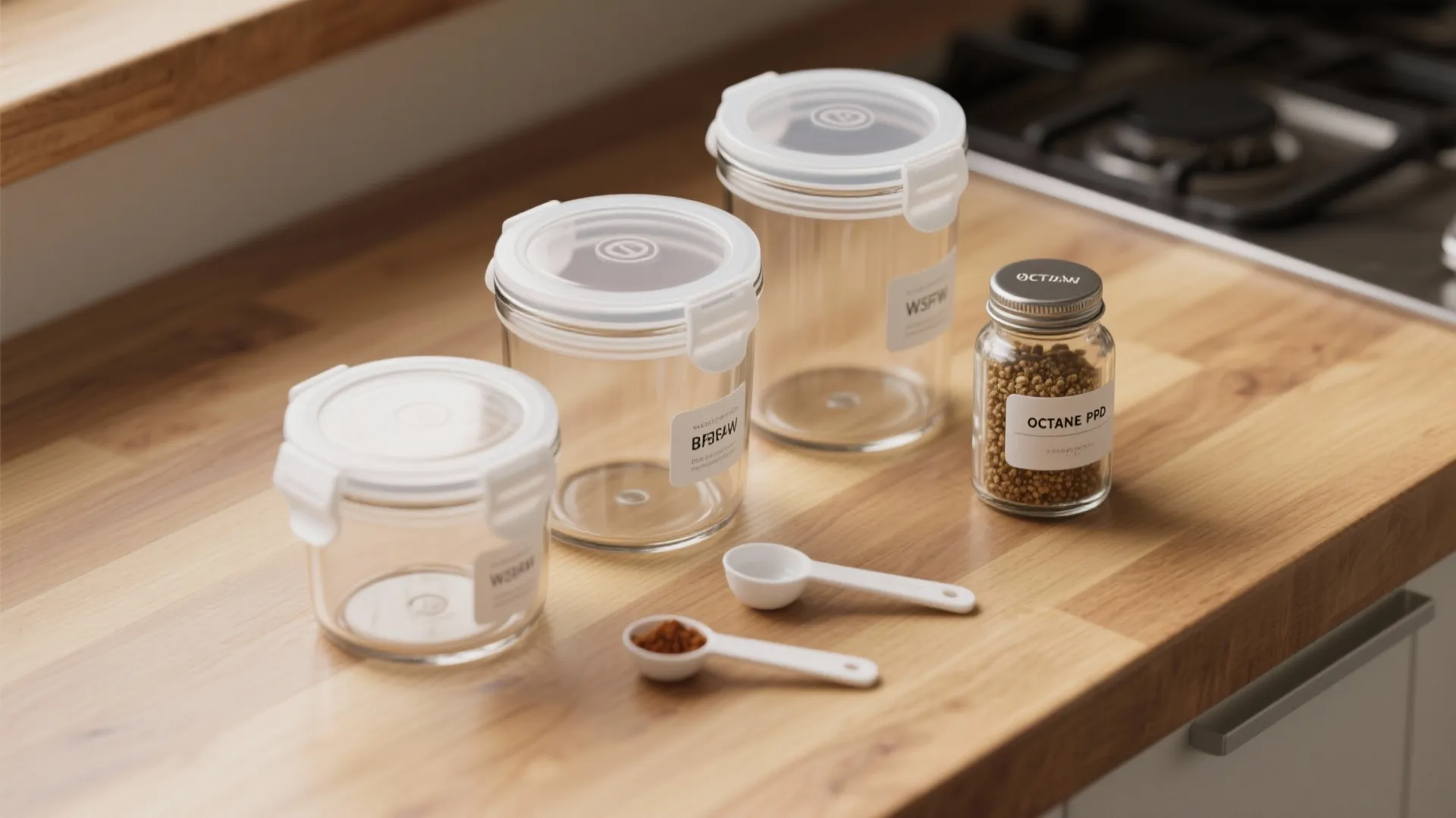 Three clear kitchen storage containers with white lids and small spice jar on wooden counter top
