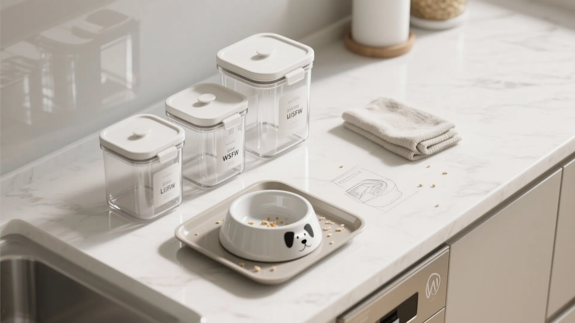 Flatlay of clear airtight canisters, lidded bins and a pet bowl on a tray to prevent crumbs and scents.