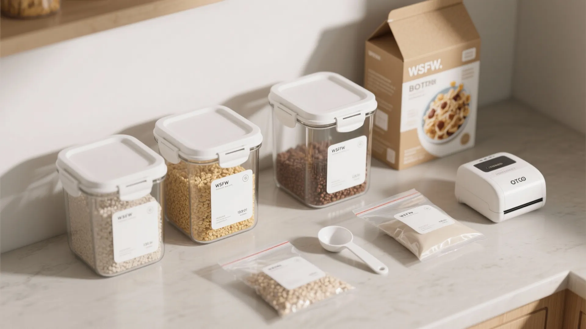 Flatlay of airtight glass containers, resealable bags and labels showing pantry organization solutions.