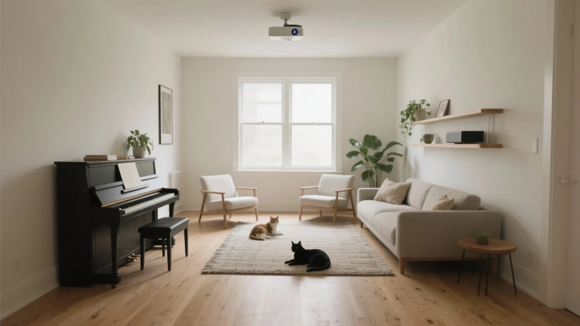 Minimalist white living room with black piano wooden floor cream sofa two cats and projector