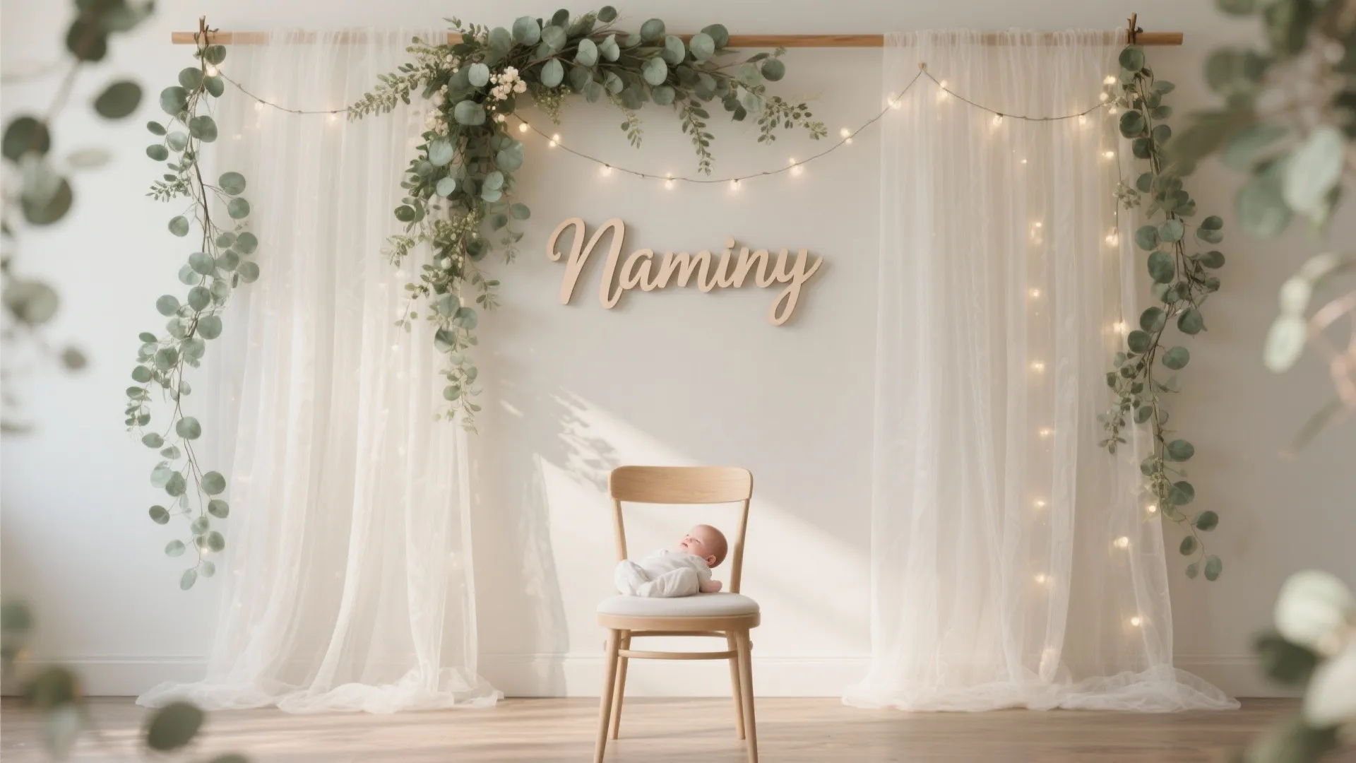 DIY Airy Backdrop: Gauze, Greenery, and a Name Sign