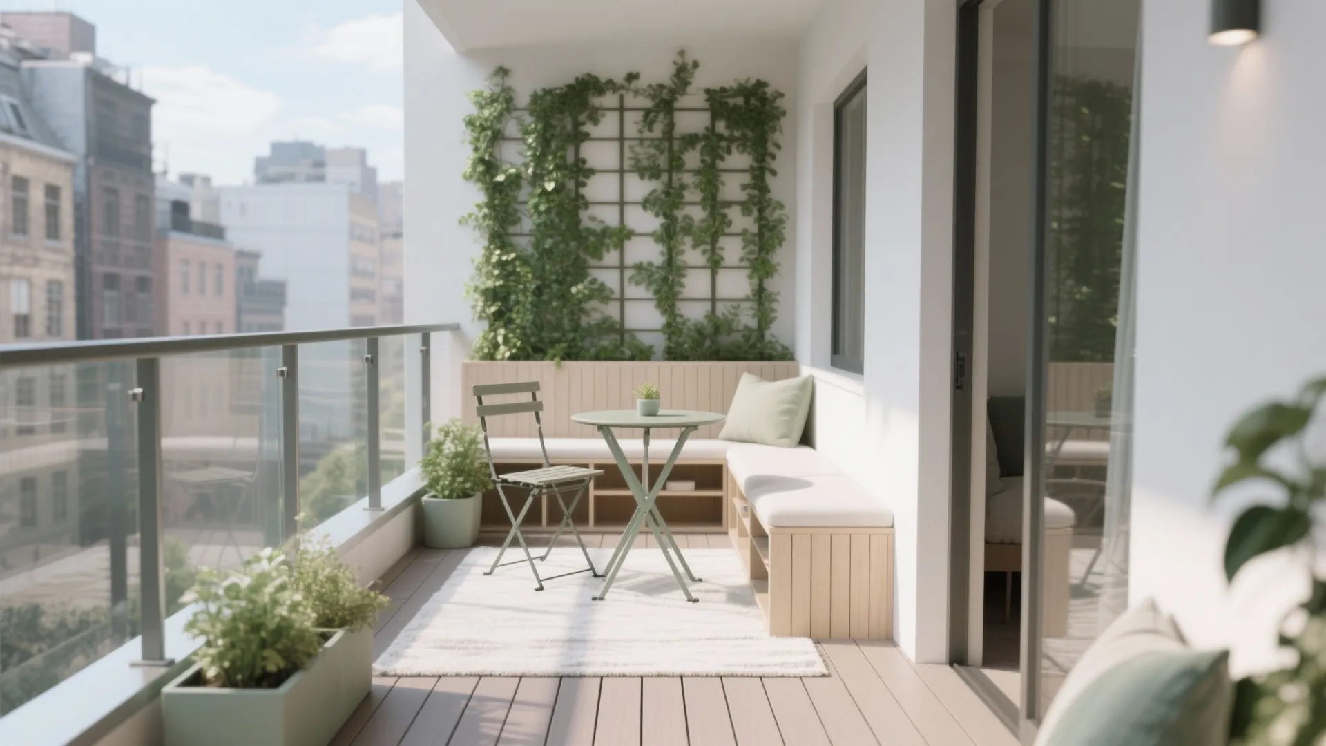 Modern sunny balcony with a green table and chair set next to built-in wooden seating
