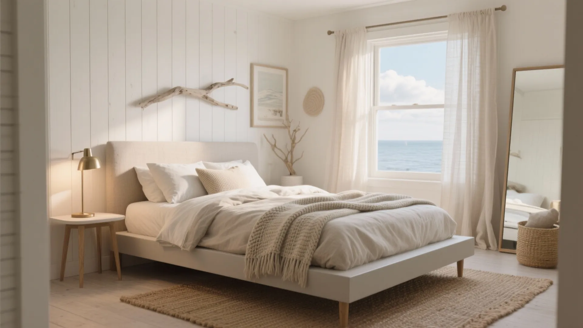 Bright beach house bedroom with white wall paneling and window overlooking the blue ocean view