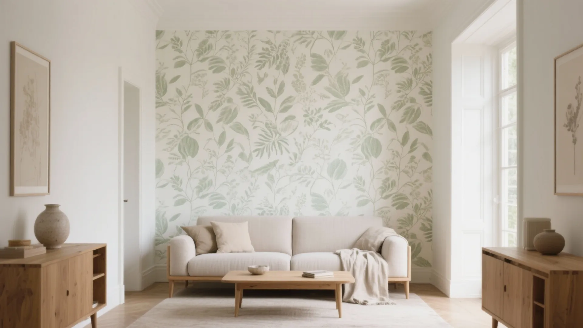 Bright living room with green leaf pattern wallpaper white sofa wooden coffee table and cabinets