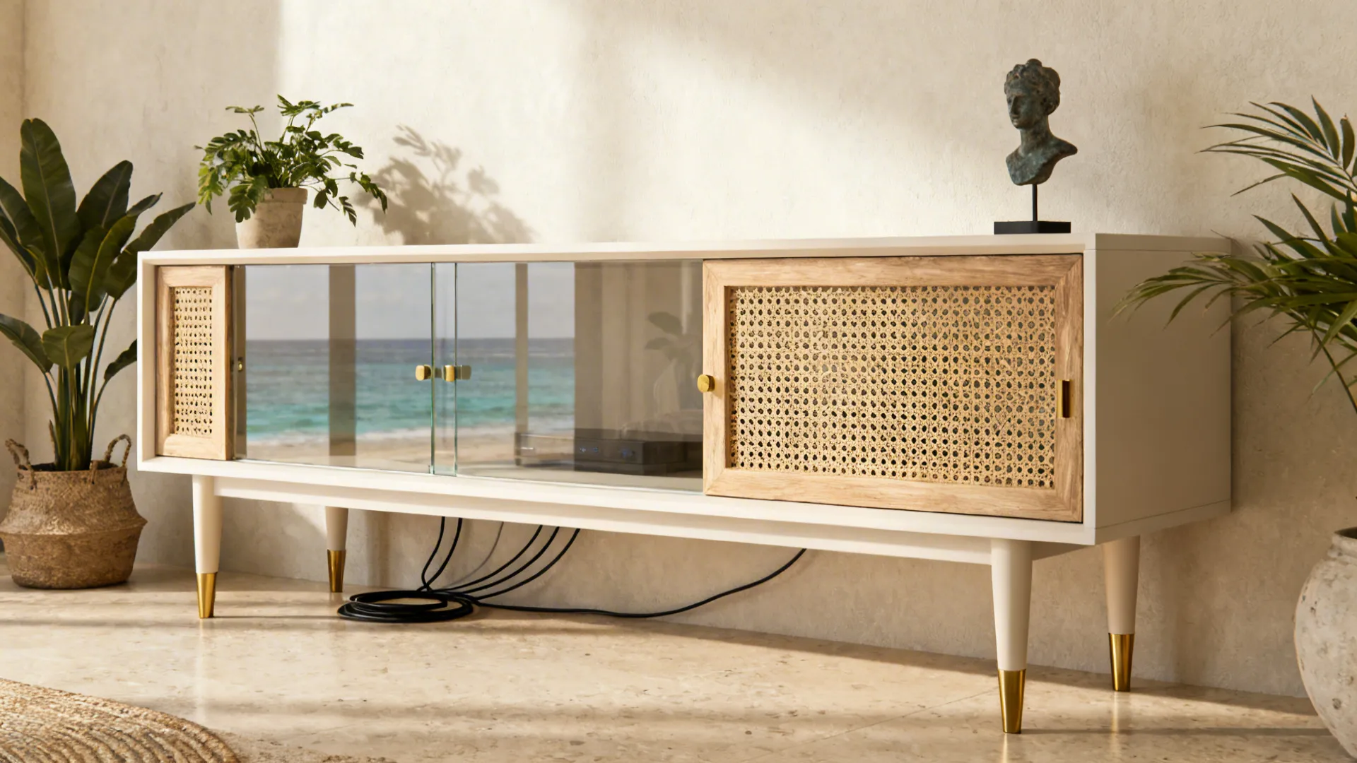 White media cabinet with glass and woven doors, green indoor plants, and a beach view.