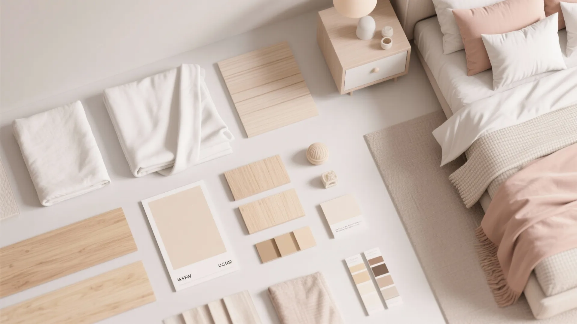 Interior design mood board with wood samples color swatches and fabric pieces on white floor