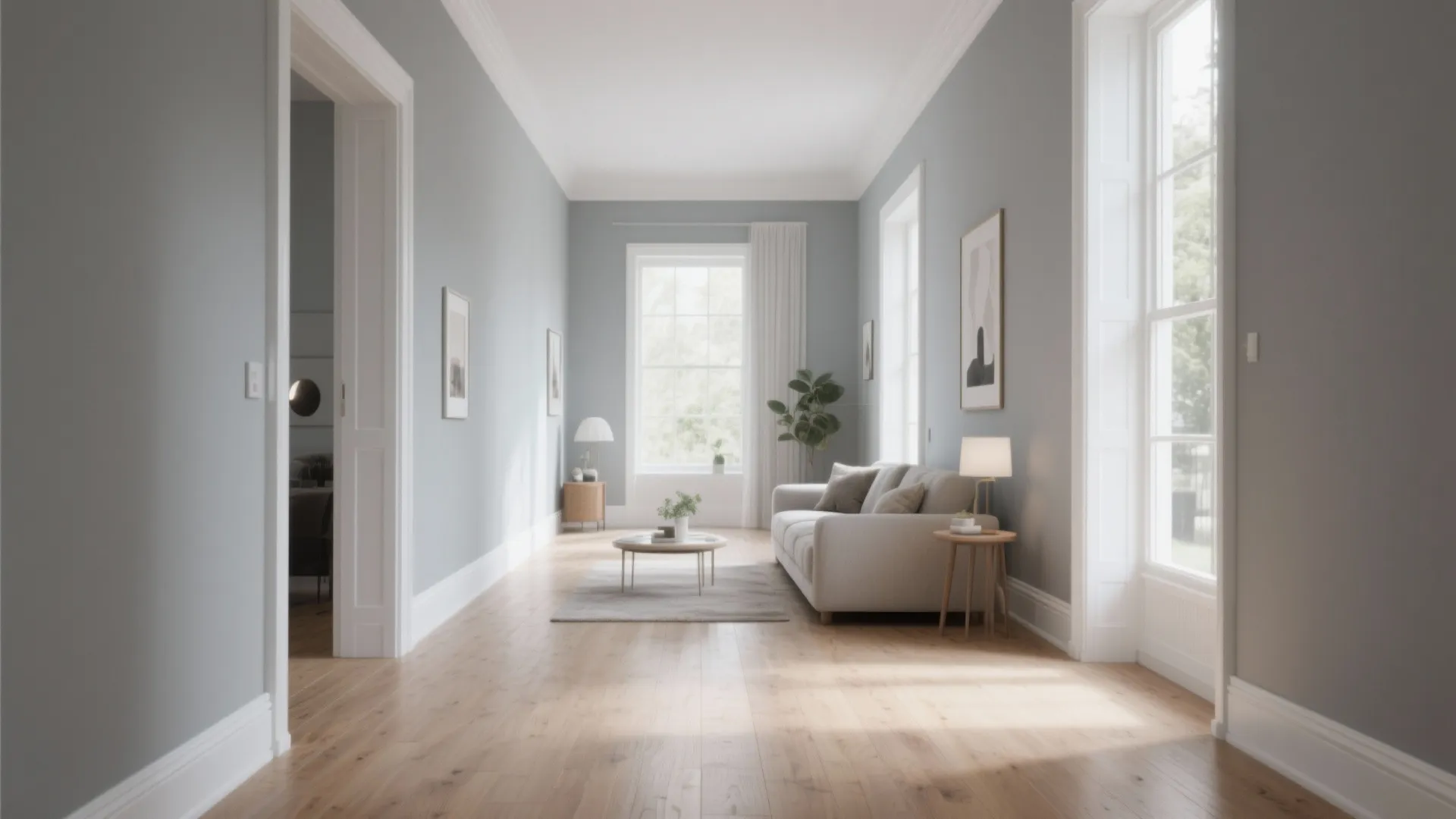 Long narrow living room with light blue walls wooden floor white sofa and small table