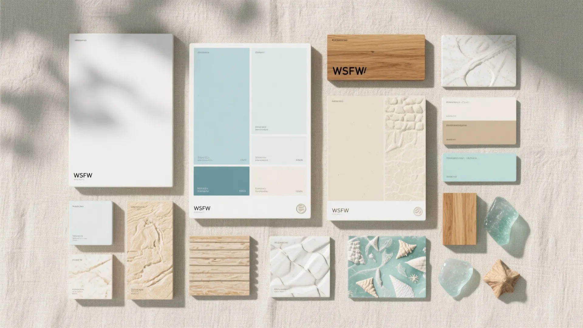 Coastal kitchen color swatches in whites, pale blues, and sandy beige