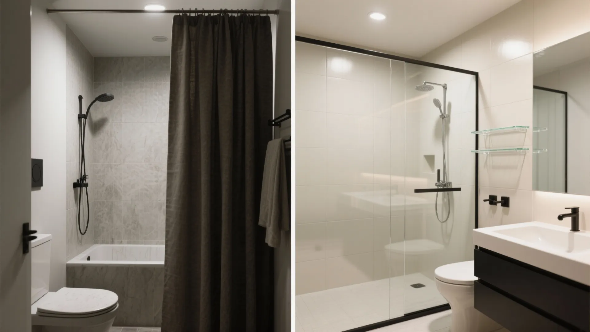 Before-and-after of a shower area: heavy curtain replaced by a frameless glass panel for a brighter, airier bathroom.